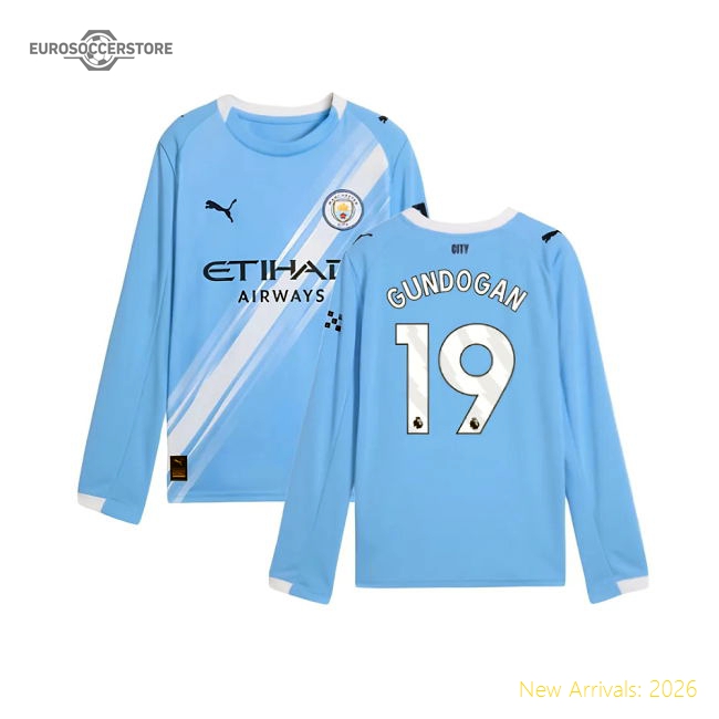 2025-2026 Man City Long Sleeve Home Shirt (Kids) (Gundogan 19)-Football Jersey Hub
