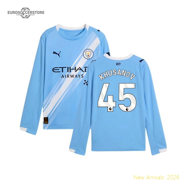 2025-2026 Man City Long Sleeve Home Shirt (Kids) (Khusanov 45)-Football Jersey Hub