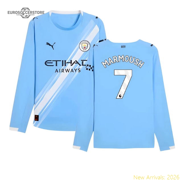 2025-2026 Man City Authentic Long Sleeve Home Shirt (Marmoush 7)-Football Shirts Shop