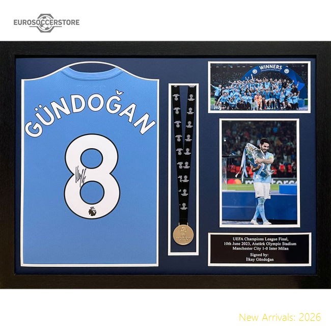 Manchester City FC Gundogan Signed Shirt & Medal (Framed)-Football Shirts Shop