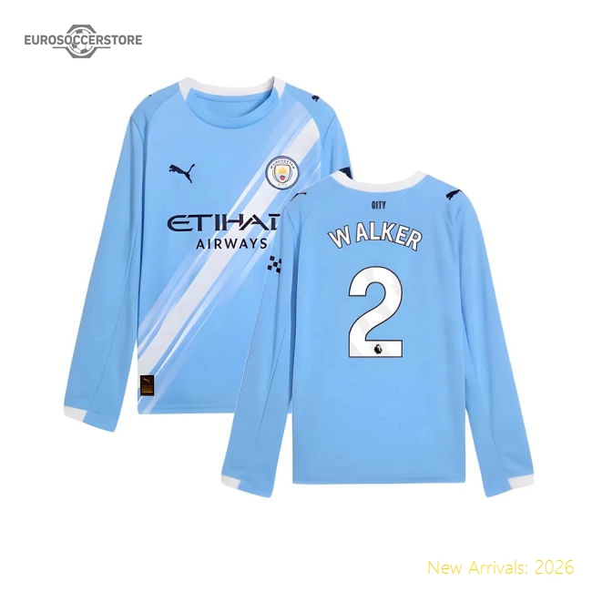 2025-2026 Man City Long Sleeve Home Shirt (Kids) (Walker 2)-Football Jersey Hub