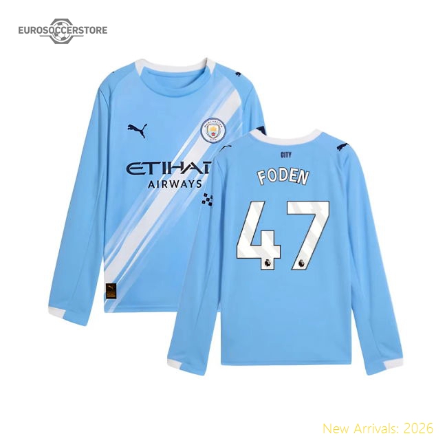 2025-2026 Man City Long Sleeve Home Shirt (Kids) (Foden 47)-Football Shirts Shop