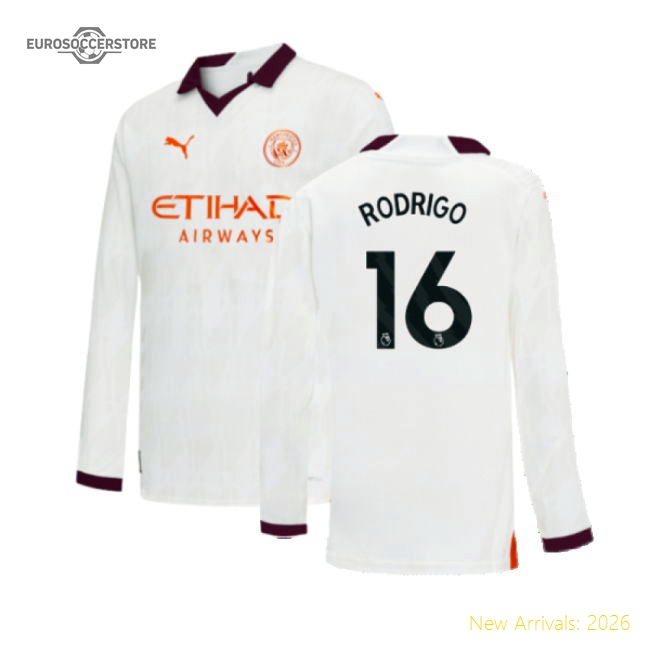 2023-2024 Man City Long Sleeve Away Shirt (Kids) (RODRIGO 16)-Football Jersey Hub