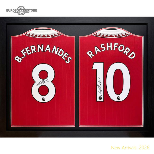 Manchester United FC Bruno Fernandes & Rashford Signed Shirts (Dual Framed)-Football Jersey Hub