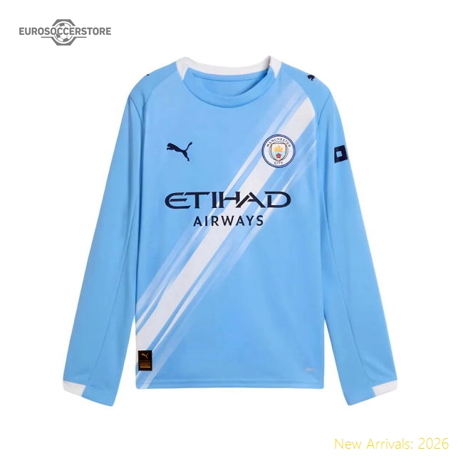 2025-2026 Man City Long Sleeve Home Shirt (Kids) (Khusanov 45)-Football Jersey Hub
