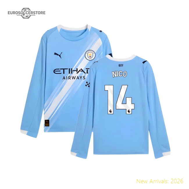 2025-2026 Man City Long Sleeve Home Shirt (Kids) (Nico 14)-Football Jersey Hub