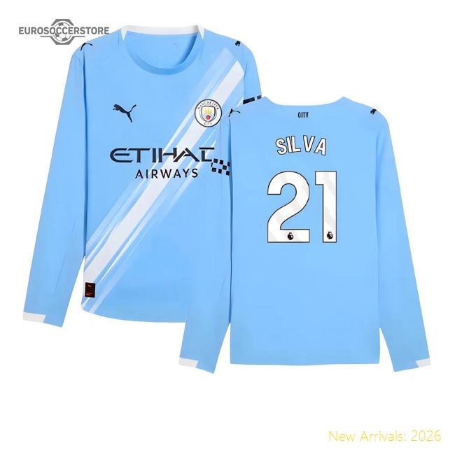 2025-2026 Man City Authentic Long Sleeve Home Shirt (Silva 21)-Football Shirts Shop
