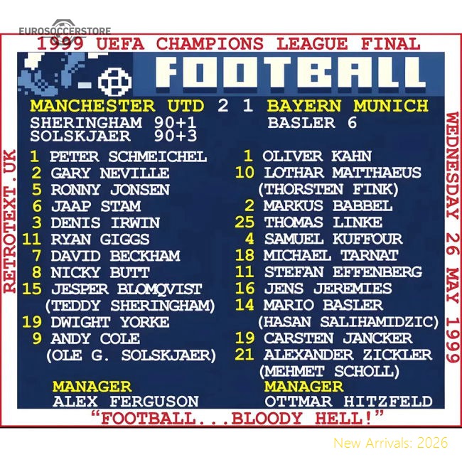 1999 Champions League Final (Man United) Retrotext T-Shirt-Football Jersey Hub
