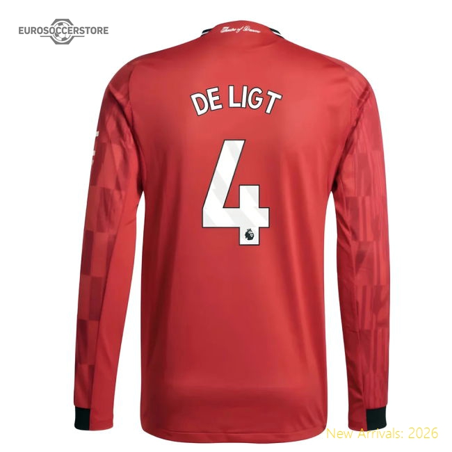 2025-2026 Man Utd Authentic Long Sleeve Home Shirt (De Ligt 4)-Football Jersey Hub