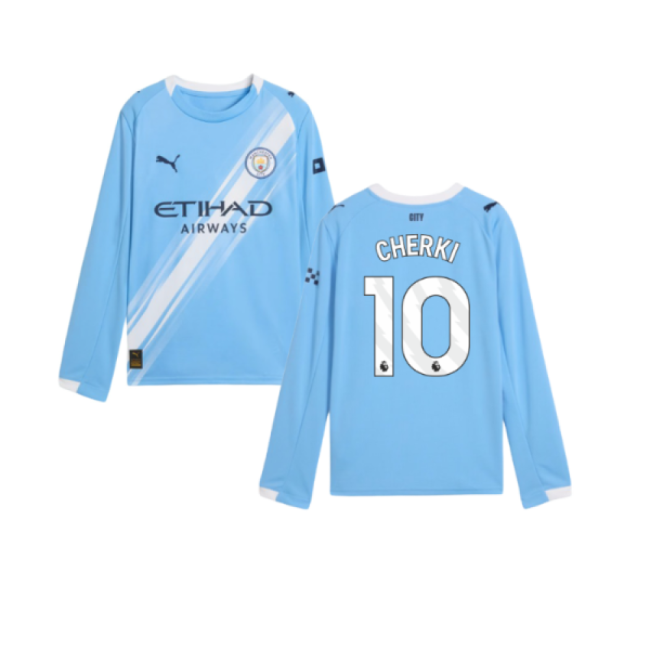 2025-2026 Man City Long Sleeve Home Shirt (Kids) (Cherki 10)-Football Shirts Shop