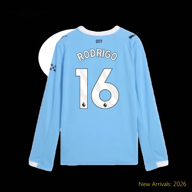 2025-2026 Man City Long Sleeve Home Shirt (Kids) (Rodrigo 16)-Football Jersey Hub