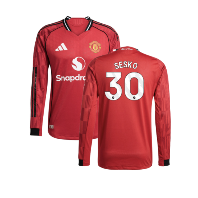 2025-2026 Man Utd Authentic Long Sleeve Home Shirt (Sesko 30)-Football Jersey Hub