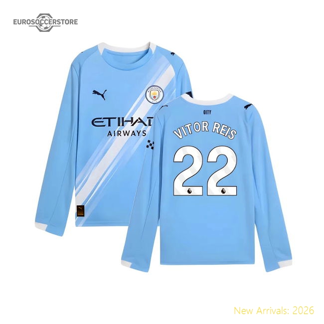 2025-2026 Man City Long Sleeve Home Shirt (Kids) (Vitor Reis 22)-Football Jersey Hub