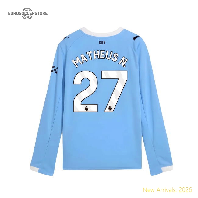 2025-2026 Man City Long Sleeve Home Shirt (Kids) (Matheus N. 27)-Football Jersey Hub