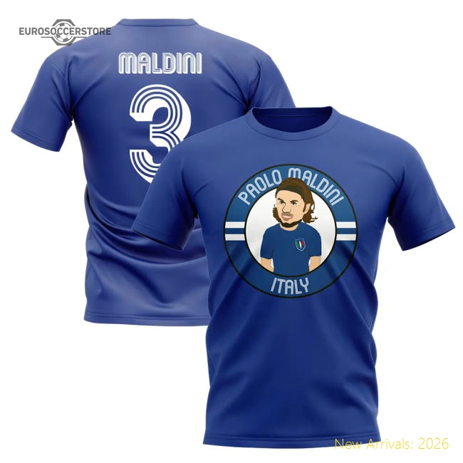 Paolo Maldini Italy Illustration T-Shirt (Blue)-Vantage Point Soccer