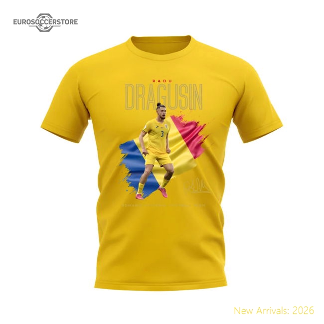 Radu Dragusin Flag and Player Romania T-Shirt (Yellow)-Vantage Point Soccer