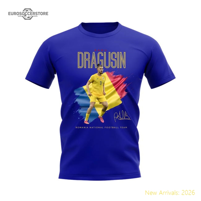 Radu Dragusin Flag and Player Romania T-Shirt (Blue)-Vantage Point Soccer