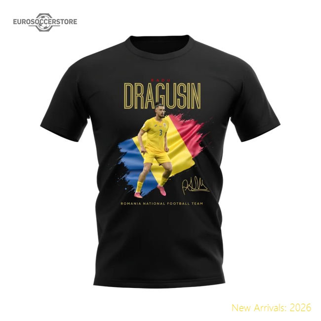 Radu Dragusin Flag and Player Romania T-Shirt (Black)-Vantage Point Soccer