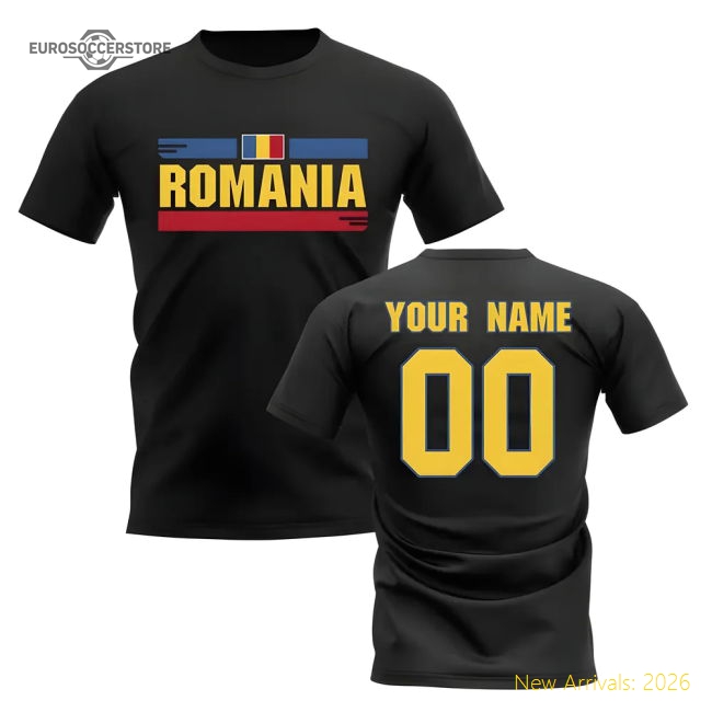 Personalised Romania Fan Football T-Shirt (black)-Vantage Point Soccer